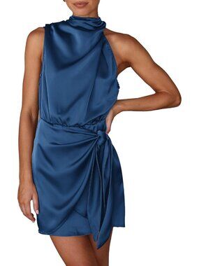 Women's Dark Blue Sleeveless Mock Neck Formal Satin Tie Waist Tank Top Dress